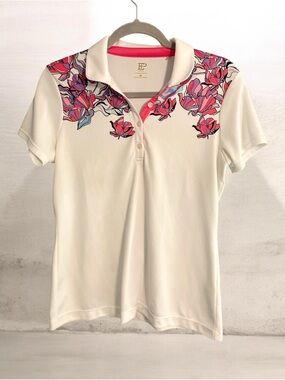 EP New York White Polo Golf UV Short Sleeve Pink & Purple Floral Shirt Sz M